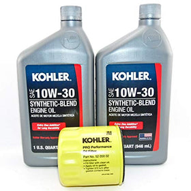 El kit de cambio de aceite Kohler original para motores Kohler seleccionados contiene una cantidad (2) de aceite 25 357 65-S 10w30, una cantidad (1) un filtro de aceite 52 050 02-S.