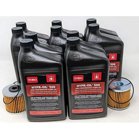 El kit de aceite de transmisión genuino Toro para transmisiones Hydro-Gear contiene cantidad (10) 114-4713 Hypr-Oil™ 500 (cuarto), cantidad (2) 71943 KIT, FILTRO