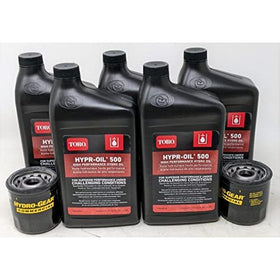 El kit de aceite de transmisión Toro genuino para transejes Hydro-Gear contiene cantidad (5) 114-4713 Hypr-Oil™ 500 (cuarto), cantidad (2) filtro de aceite 52114